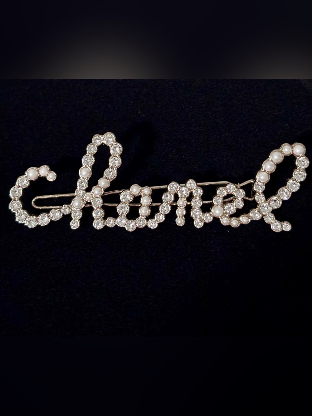 Chanel Rhinestone & Pearl Script hair clip!